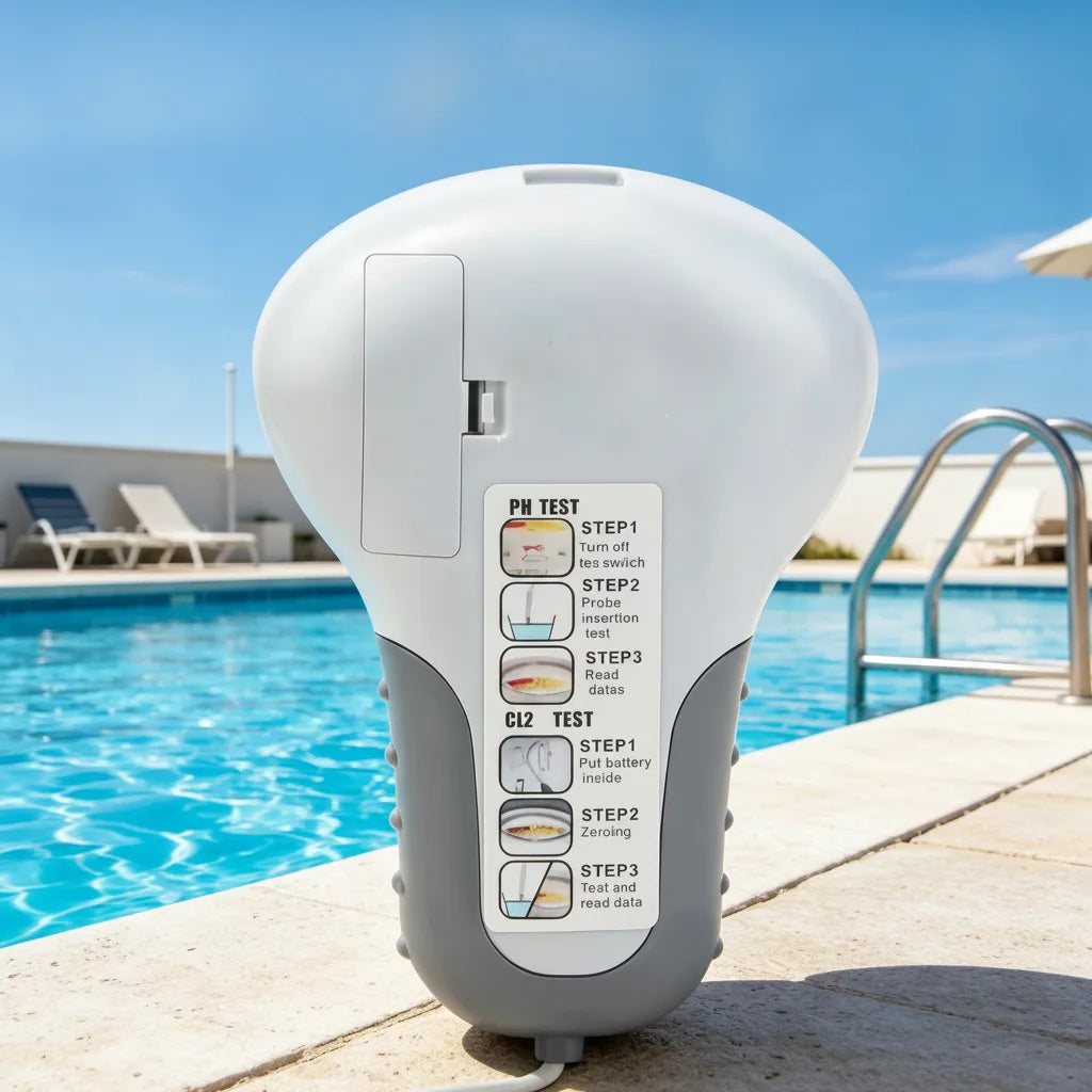 Rückseite des Geräts mit Batteriefach und Anleitungsaufkleber für die pH- und Chlormessung vor dem Pool. 6