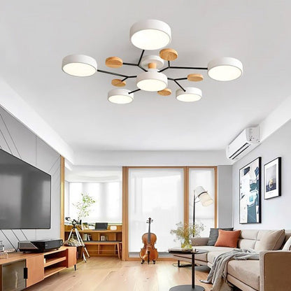 Moderne LED-Deckenleuchte, nordisches Design, weiß und holzfarben, Wohnzimmerbeleuchtung.