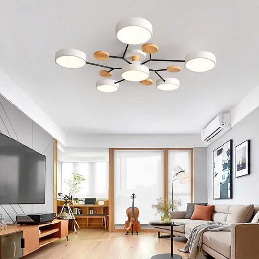 Moderne LED-Deckenleuchte, nordisches Design, weiß und holzfarben, Wohnzimmerbeleuchtung.