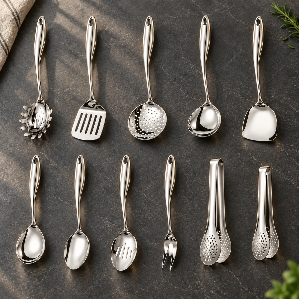 Elfteiliges Set von oben auf dunklem Stein in zwei Reihen, mit zwei Zangen, Gabel, Löffeln, Kellen und Wendern. 8
