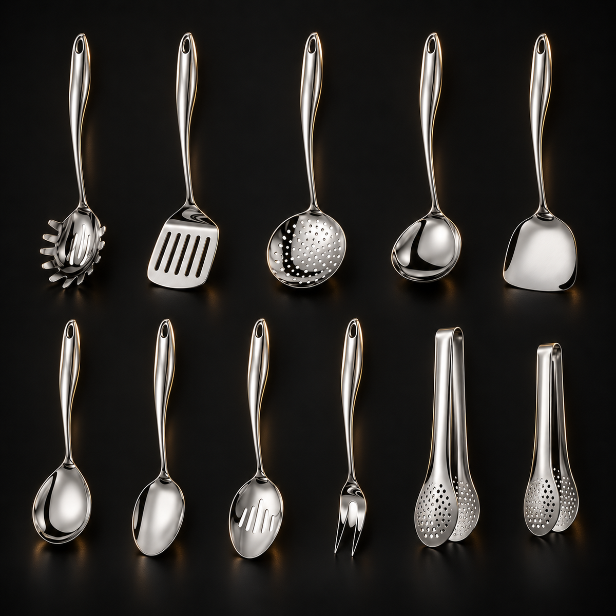 Elfteiliges Set in Silber auf dunklem Hintergrund, zwei Reihen mit Wendern, Kellen, Löffeln, Fleischgabel und zwei gelochten Zangen. 4
