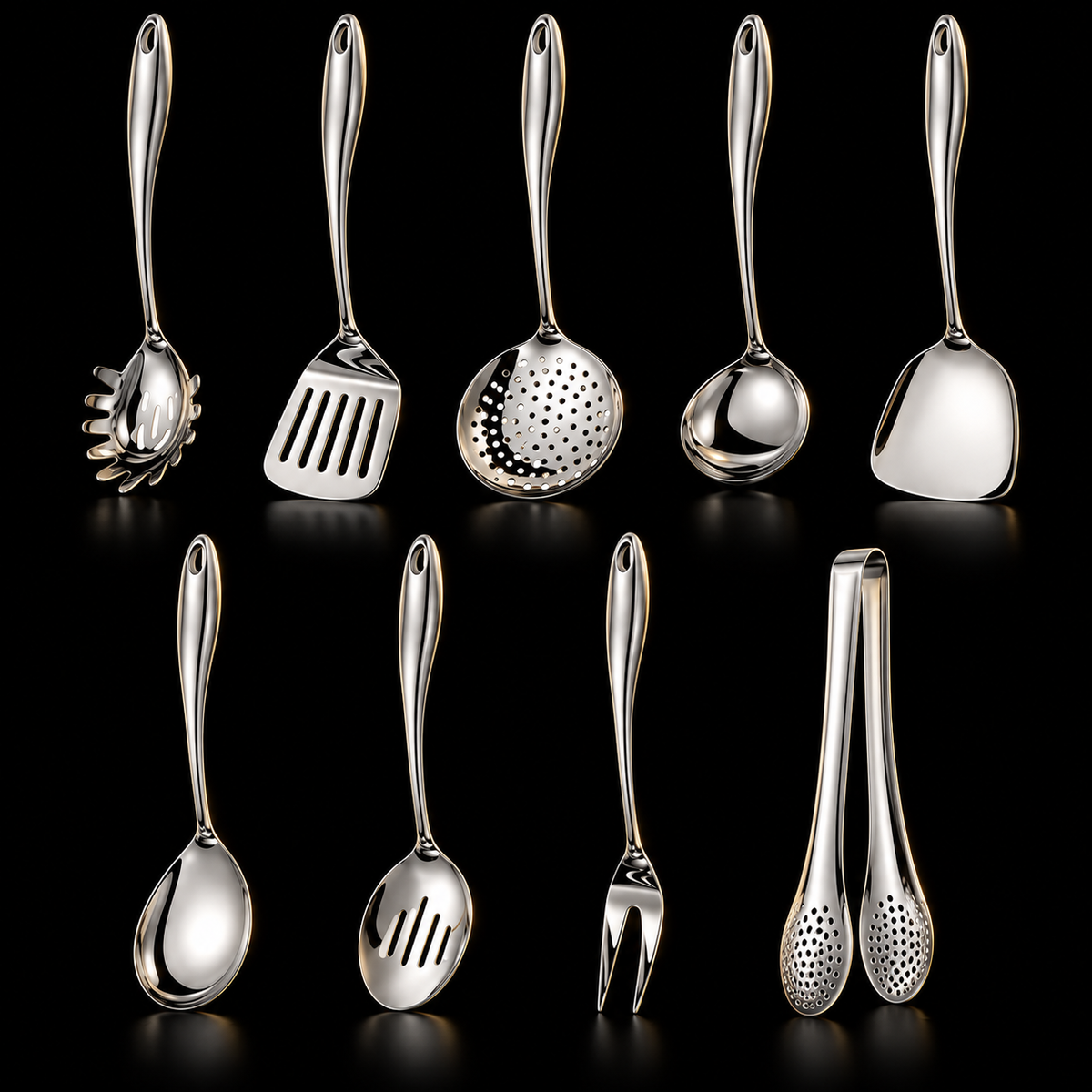 Neunteiliges Set in Silber auf schwarzem Hintergrund mit Pastalöffel, Wender, Schaumkelle, Kelle, Servierlöffeln, Gabel und Zange. 3