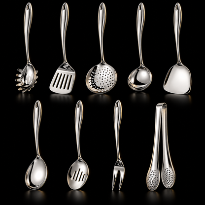Neunteiliges Set in Silber auf schwarzem Hintergrund mit Pastalöffel, Wender, Schaumkelle, Kelle, Servierlöffeln, Gabel und Zange. 3