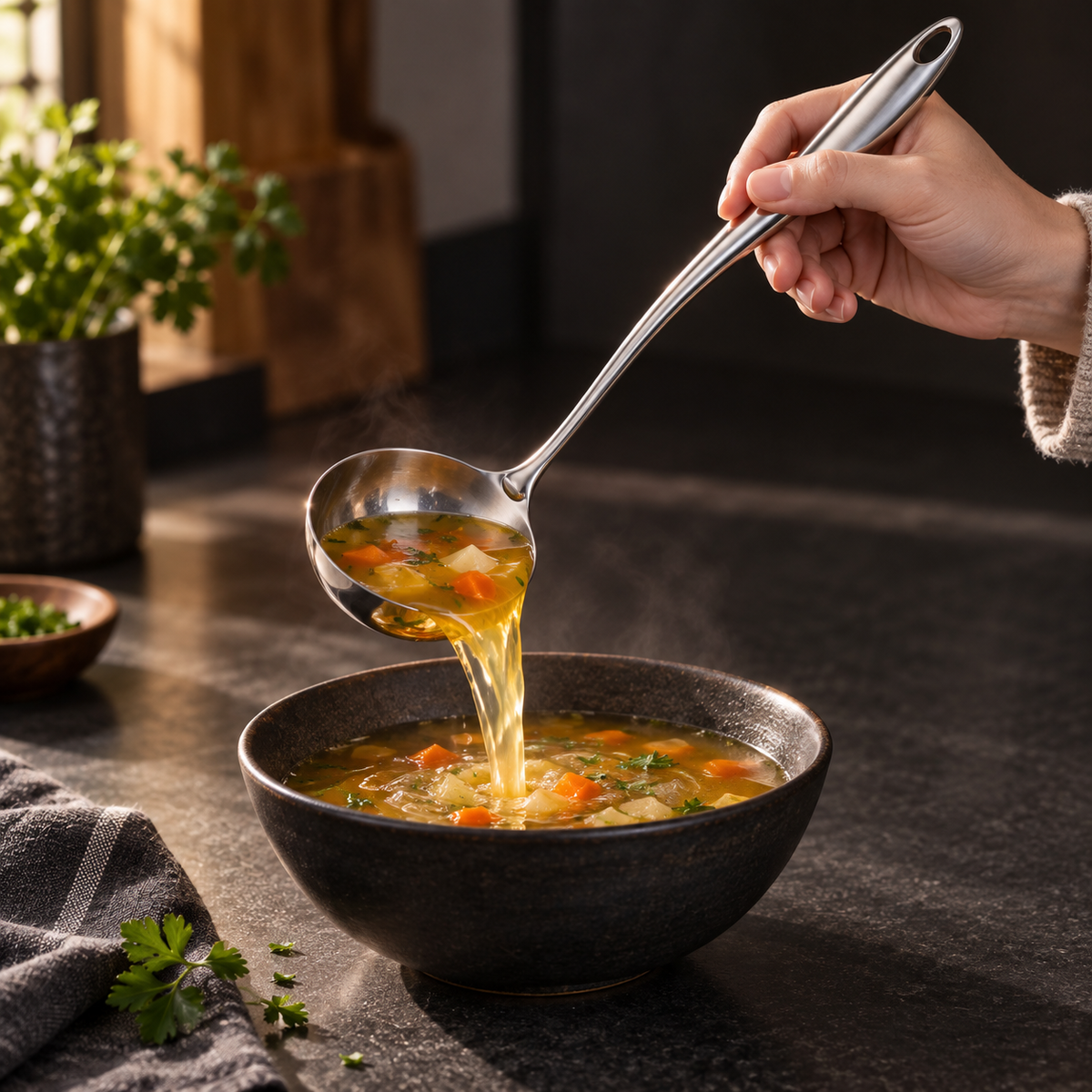Hand füllt mit der Schöpfkelle dampfende Gemüsesuppe in eine dunkle Schale. 12