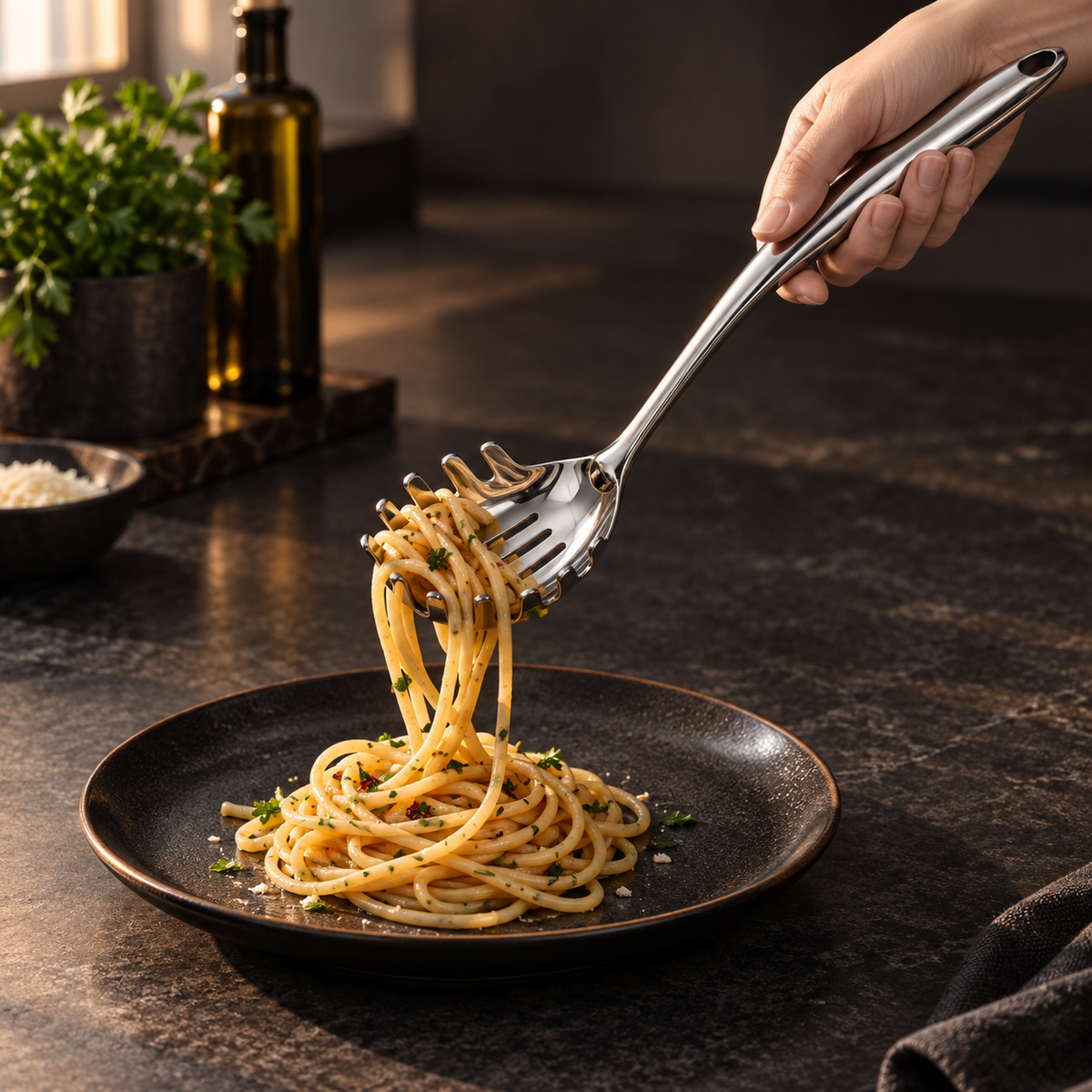 Hand hebt mit dem Pastalöffel eine Portion Spaghetti mit Kräutern über einen dunklen Teller. 11
