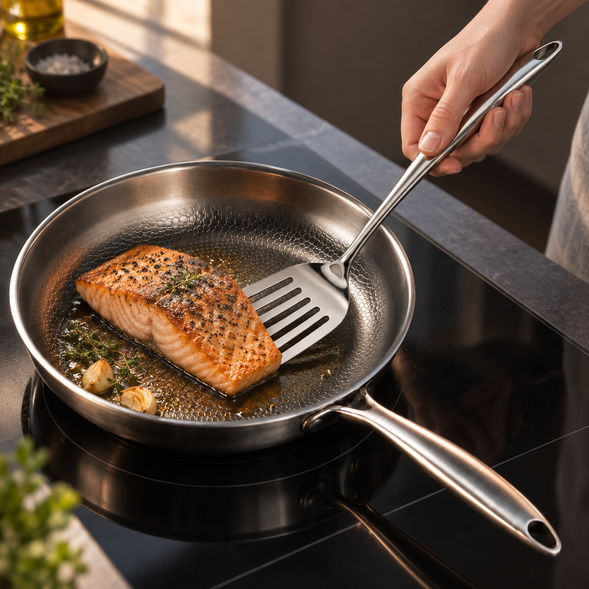 Hand hebt mit dem geschlitzten Wender ein gebratenes Lachsfilet in einer Edelstahlpfanne, dazu Knoblauch und Thymian. 10