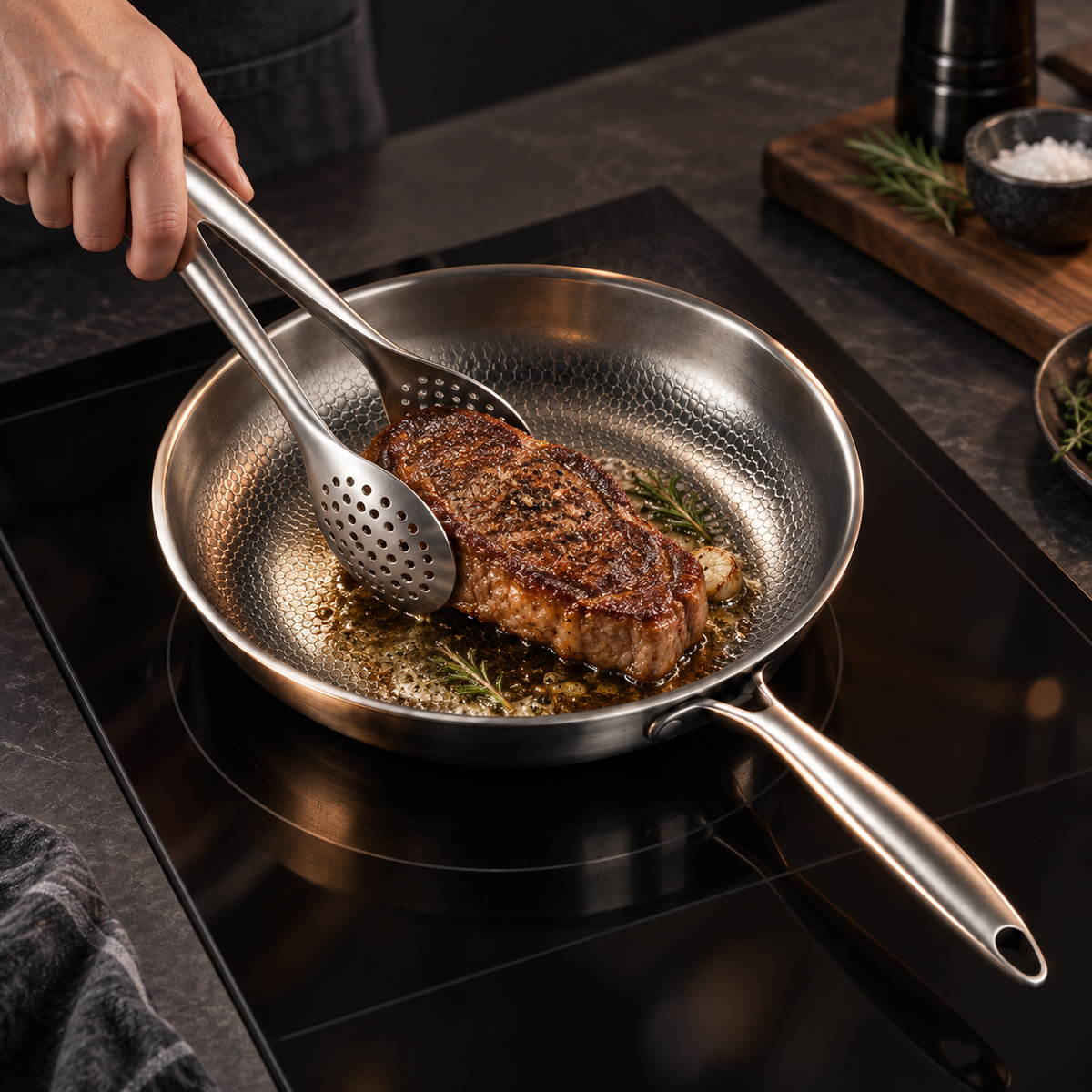Hand wendet mit der gelochten Zange ein Steak in einer Edelstahlpfanne auf dem Induktionsfeld, daneben Salzschale und Rosmarin. 9