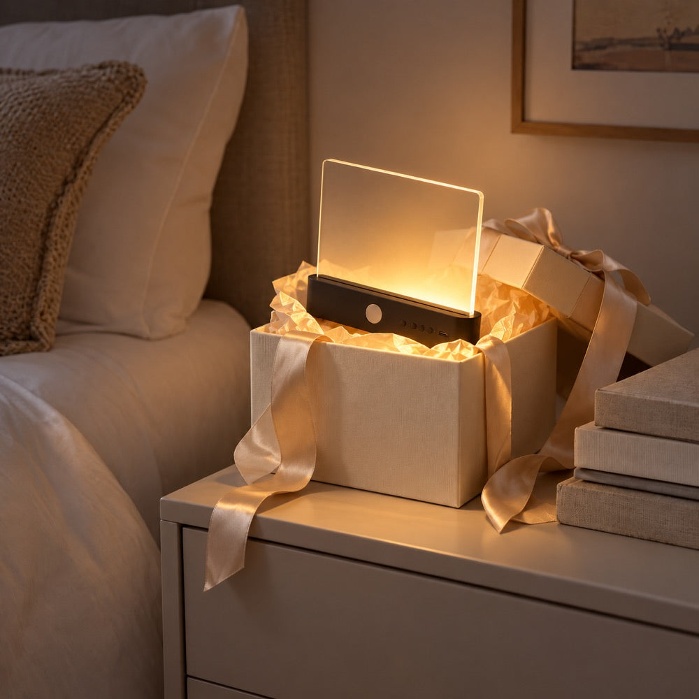 Leuchtende Lampe mit schwarzem Sockel steht in einer geöffneten Geschenkbox mit Schleife auf dem Nachttisch 11