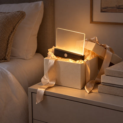 Leuchtende Lampe mit schwarzem Sockel steht in einer geöffneten Geschenkbox mit Schleife auf dem Nachttisch 11