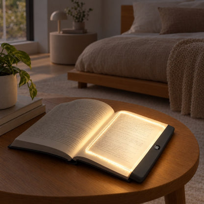 Leuchtende Leseplatte auf einem aufgeschlagenen Buch, das auf einem runden Holztisch im Schlafzimmer liegt 7