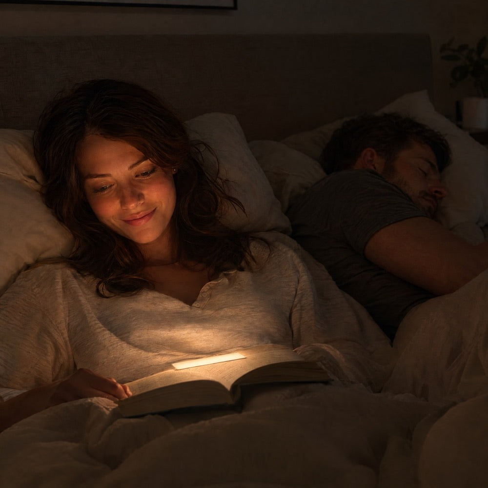Frau liest im Bett bei gedämpftem Licht, neben ihr schläft ungestört ein Mann 2