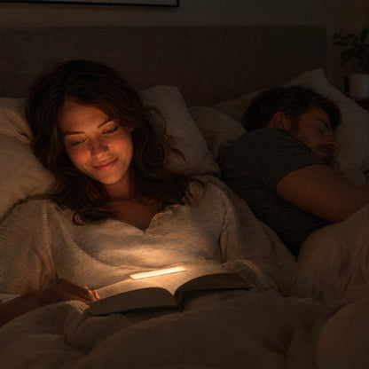 Frau liest im Bett bei gedämpftem Licht, neben ihr schläft ungestört ein Mann 2