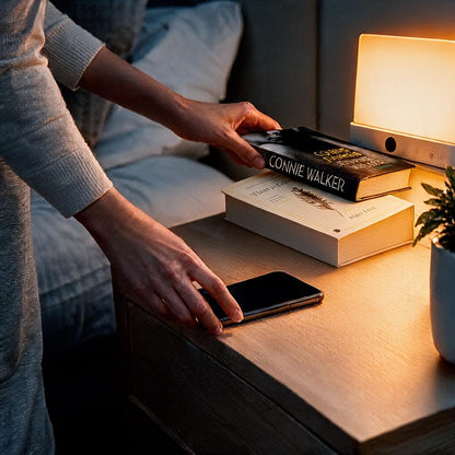 Hand legt ein Buch auf den Nachttisch neben die leuchtende Lampe, ein Smartphone liegt bereit 10