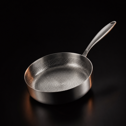 Metallische Pfanne mit hohem Rand von schräg oben, Innenseite mit schuppenartigem Hammerschlagmuster, auf dunklem 1