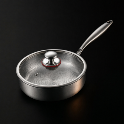 Pfanne mit aufgesetztem Glasdeckel, Metallknauf mit rotem Ring und Dampföffnung, von schräg oben fotografiert 3