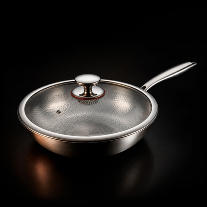 Wok mit aufgesetztem Glasdeckel und glänzendem Edelstahlknauf, durch das Glas ist die gehämmerte Innenseite zu sehen. 3