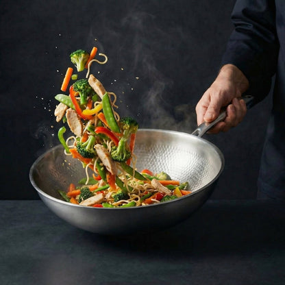 Hammered Titanium Wok Pan with Flat Base, Uncoated and Chemical-Free 9