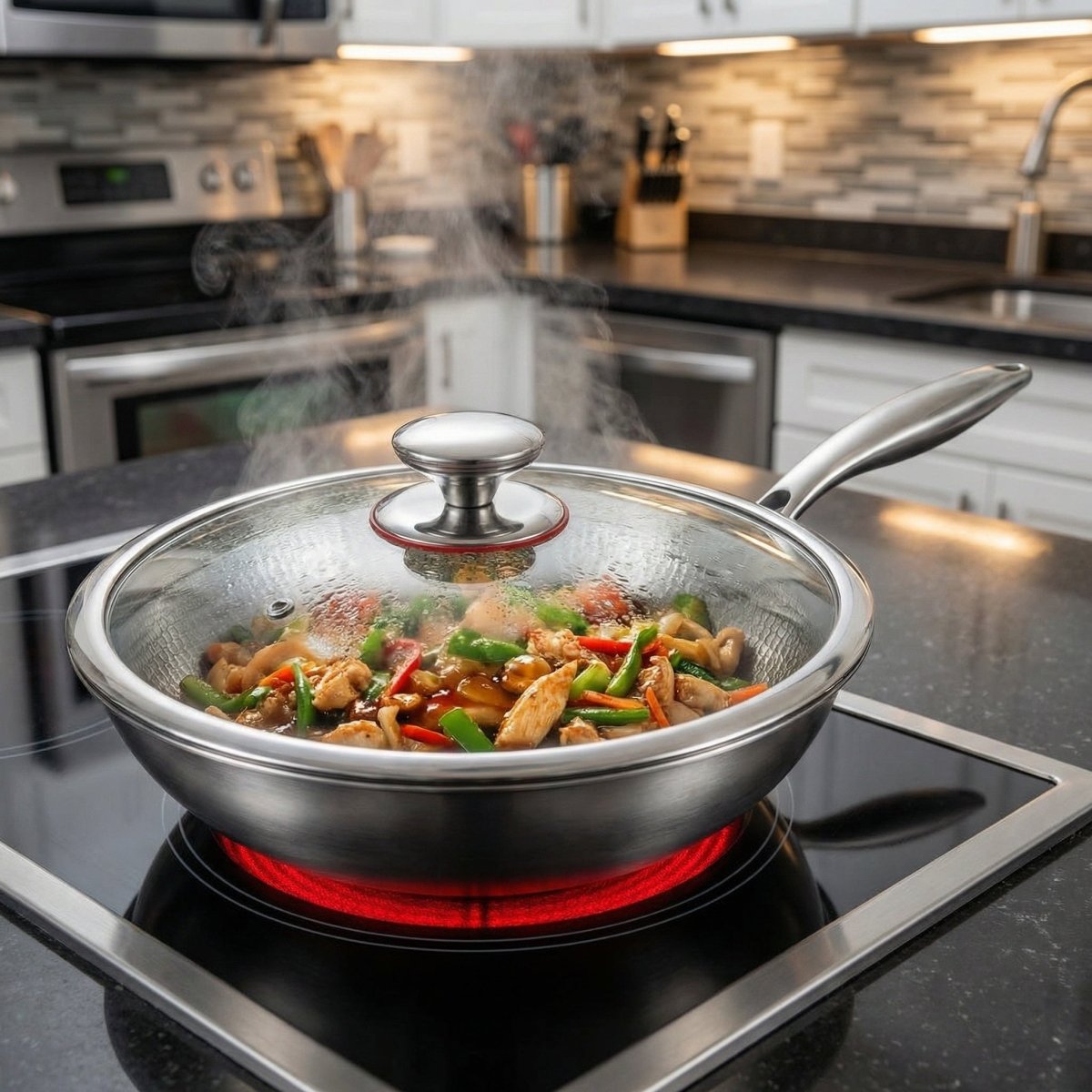Wok mit Glasdeckel und Hähnchen-Gemüse-Pfanne auf einem Ceranfeld mit glühender roter Kochzone in einer Küche. 6