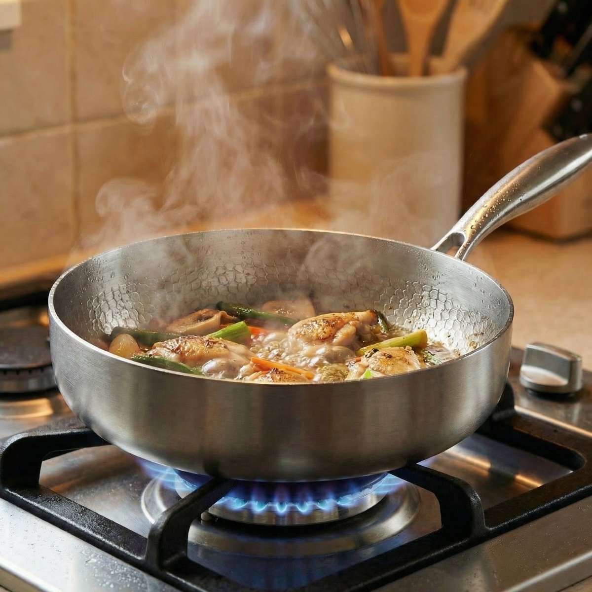 Dampfende Pfanne über blauer Gasflamme, gefüllt mit Hähnchen, Gemüse und Soße 6