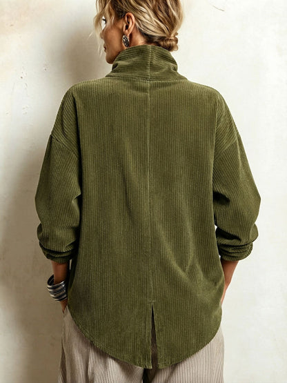 Women's Corduroy Sweater with Asymmetric Button Placket and Draped Cowl Collar 4