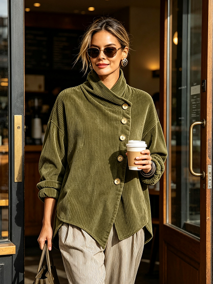 Model im olivgrünen Cord-Sweater mit Sonnenbrille tritt mit einem Kaffeebecher aus einem Café 2