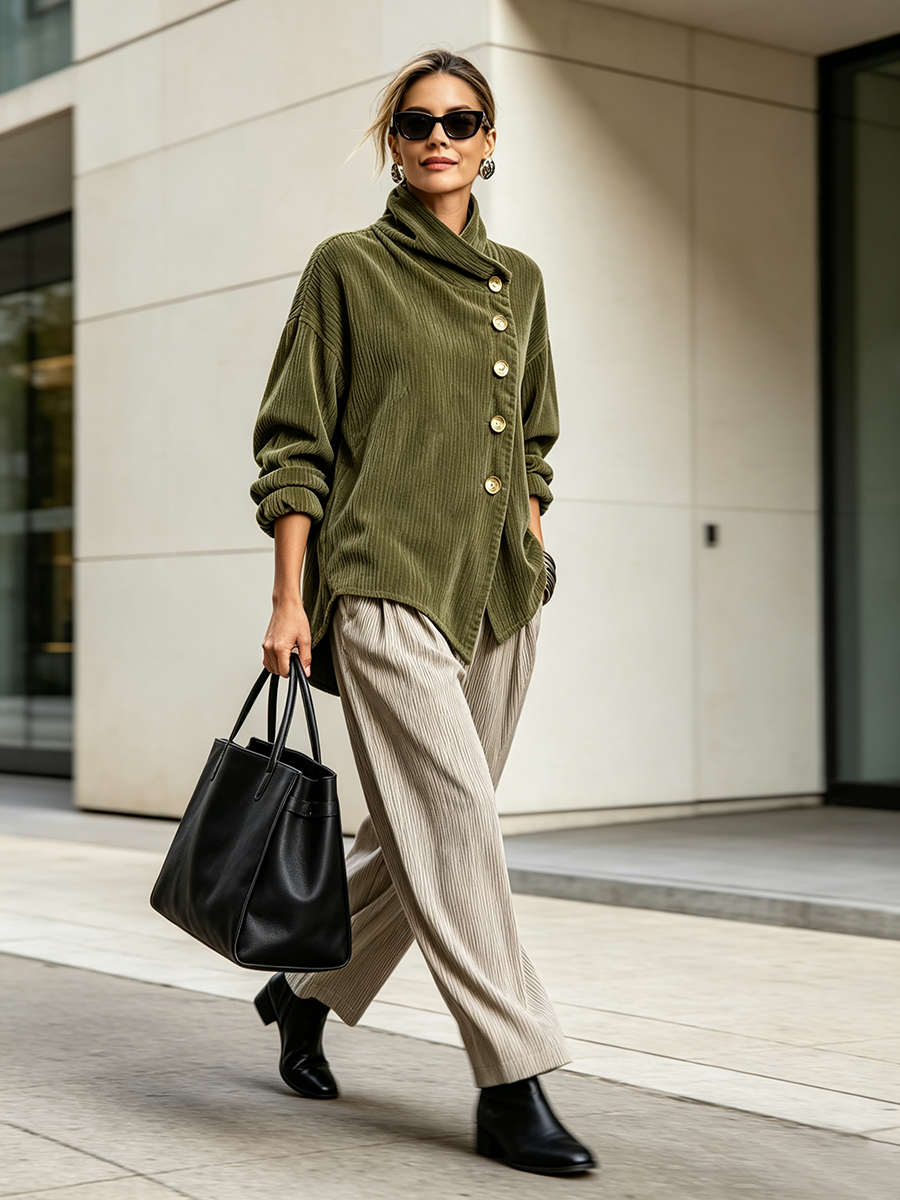 Ganzkörperansicht: Model kombiniert den grünen Cord-Sweater mit beiger Weitbeinhose, Stiefeln und schwarzer Tasche 3