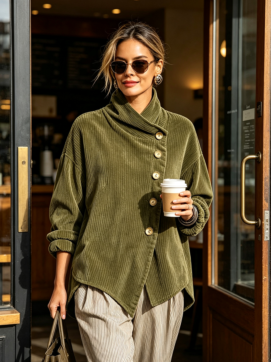 Frau mit Sonnenbrille trägt den grünen Cord-Pullover mit schrägen Knöpfen beim Verlassen eines Cafés, Kaffeebecher und Handtasche in der Hand. 3