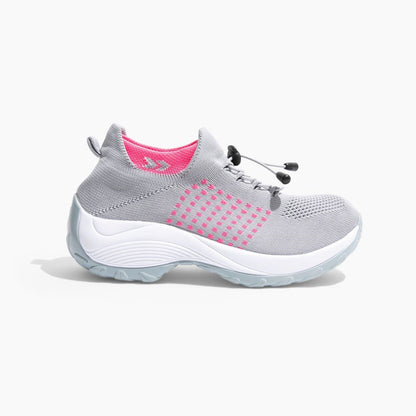 Graue Orthopädische Stretch-Schuhe mit rosa Akzenten, bequemes Design, Damen Sneaker.