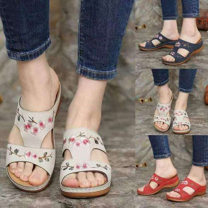 Damen Sandalen | Blumenprint | Offenes Design | Orthopädisch | PU-Luzern Mode