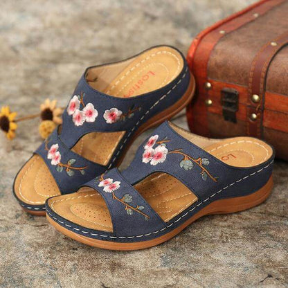 Damen Sandalen | Blumenprint | Offenes Design | Orthopädisch | PU-Blau-35-Luzern Mode
