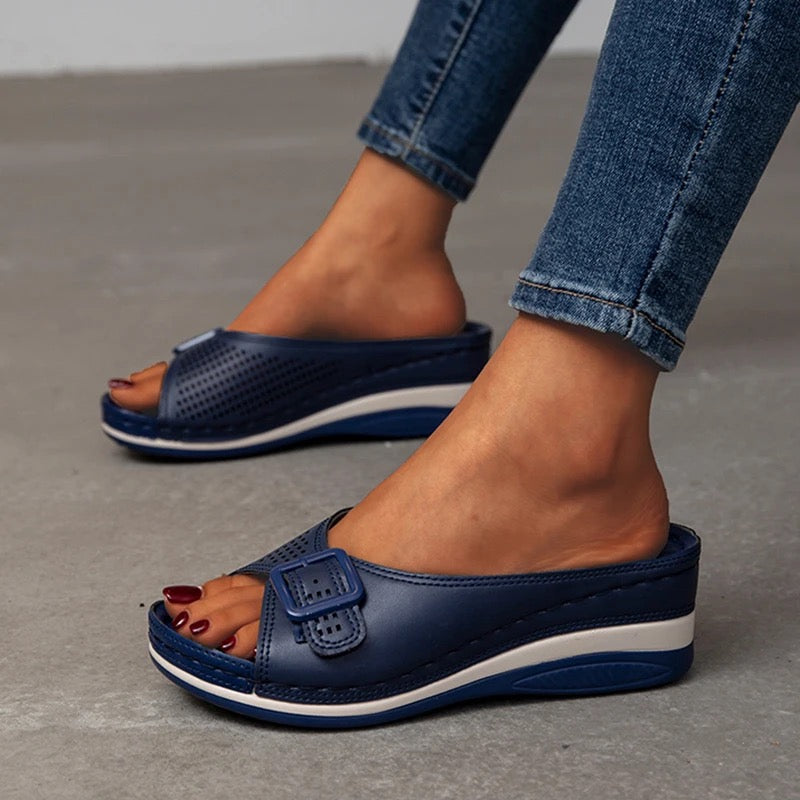 Damen Sandalen | Orthopädisch | Offenes Design | Slip-On | Vegan-Blau-35-Luzern Mode