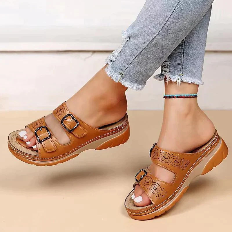Damen Sandalen | Orthopädisch | Verstellbar | Veganes Leder | Flexibel-Braun-35-Luzern Mode