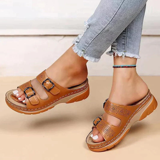 Damen Sandalen | Orthopädisch | Verstellbar | Veganes Leder | Flexibel-Braun-35-Luzern Mode