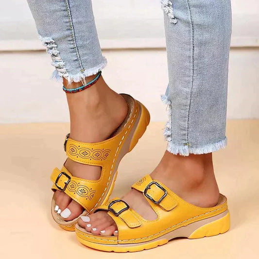 Damen Sandalen | Orthopädisch | Verstellbar | Veganes Leder | Flexibel-Gelb-35-Luzern Mode