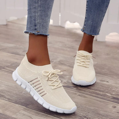 Damen Orthopädische Sneaker Beige, Atmungsaktiv, Bequem, Strickmaterial, Freizeitmode