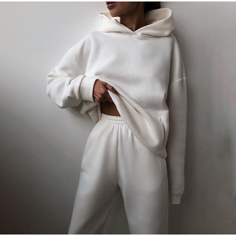 Damen Oversized Trainingsanzug Beige, High Waist Hose mit Hoodie, Loungewear, Freizeitmode.