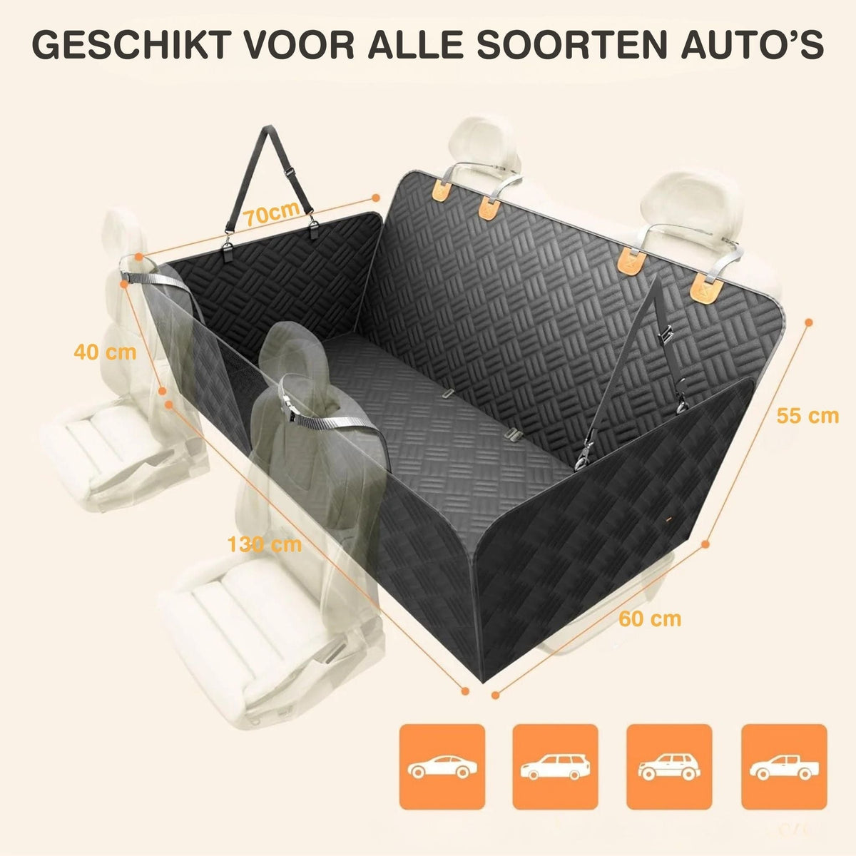 Maßgrafik der schwarzen Auflage mit eingezeichneten Längen und Breiten, dazu vier Symbole für passende Fahrzeugtypen. 9