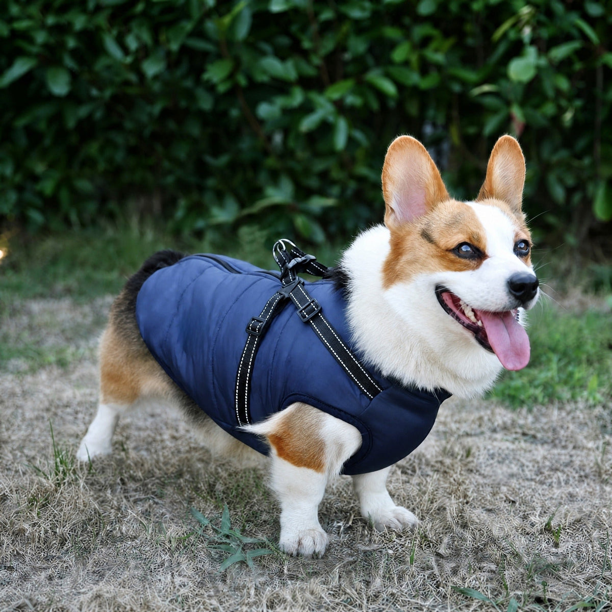 Lächelnder Corgi steht auf trockenem Gras und trägt den blauen Mantel mit reflektierenden Geschirrriemen, Seitenansicht. 3