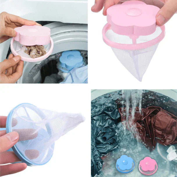 Rosa und blaue Tierhaarfänger für Waschmaschine, wiederverwendbar, Netzmaterial.