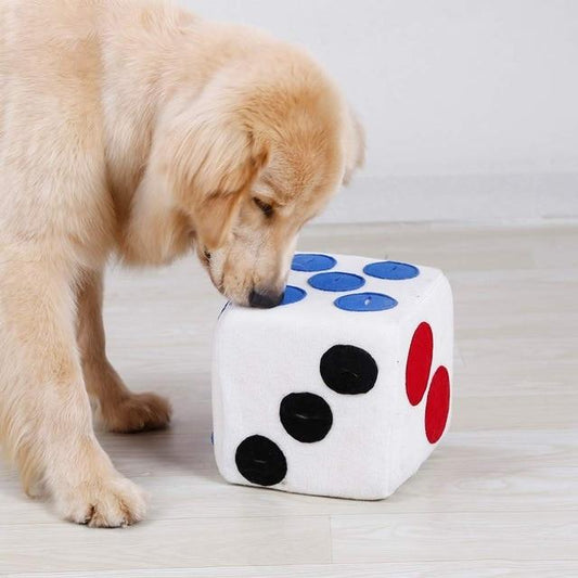 Hund spielt mit weißem Plüschwürfel, Leckerli-Spender, blau-rote Punkte, interaktives Spielzeug.