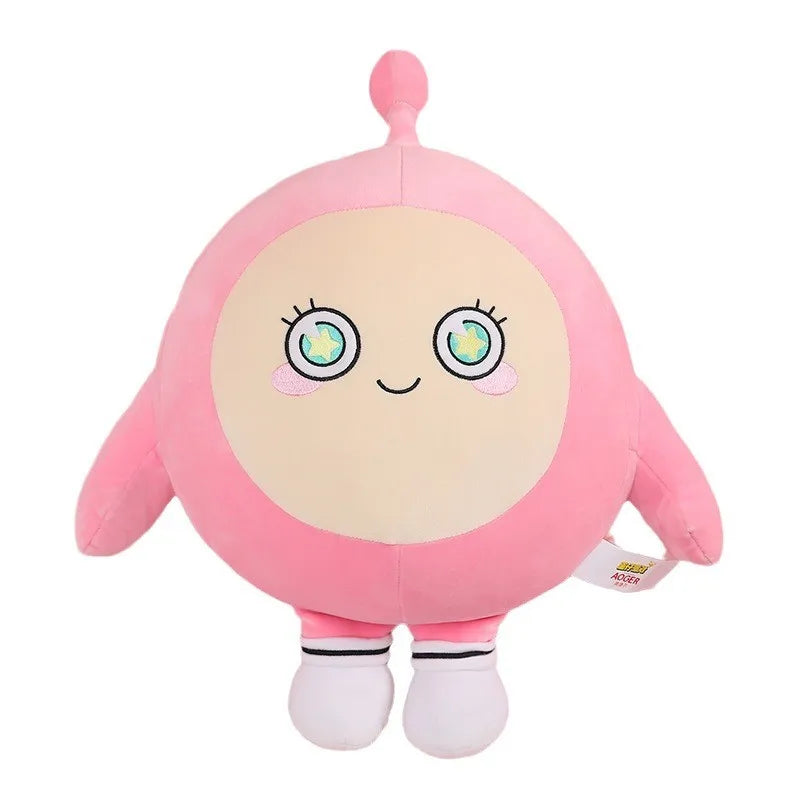 Rosa Plüschfigur mit rundem Gesicht, großen Augen und kleinen Beinen, ideal als Kuscheltier.