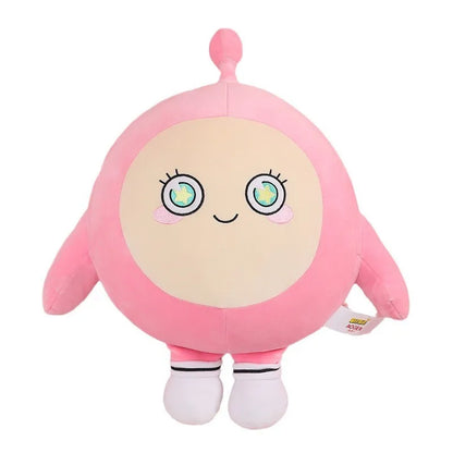 Rosa Plüschfigur mit rundem Gesicht, großen Augen und kleinen Beinen, ideal als Kuscheltier.