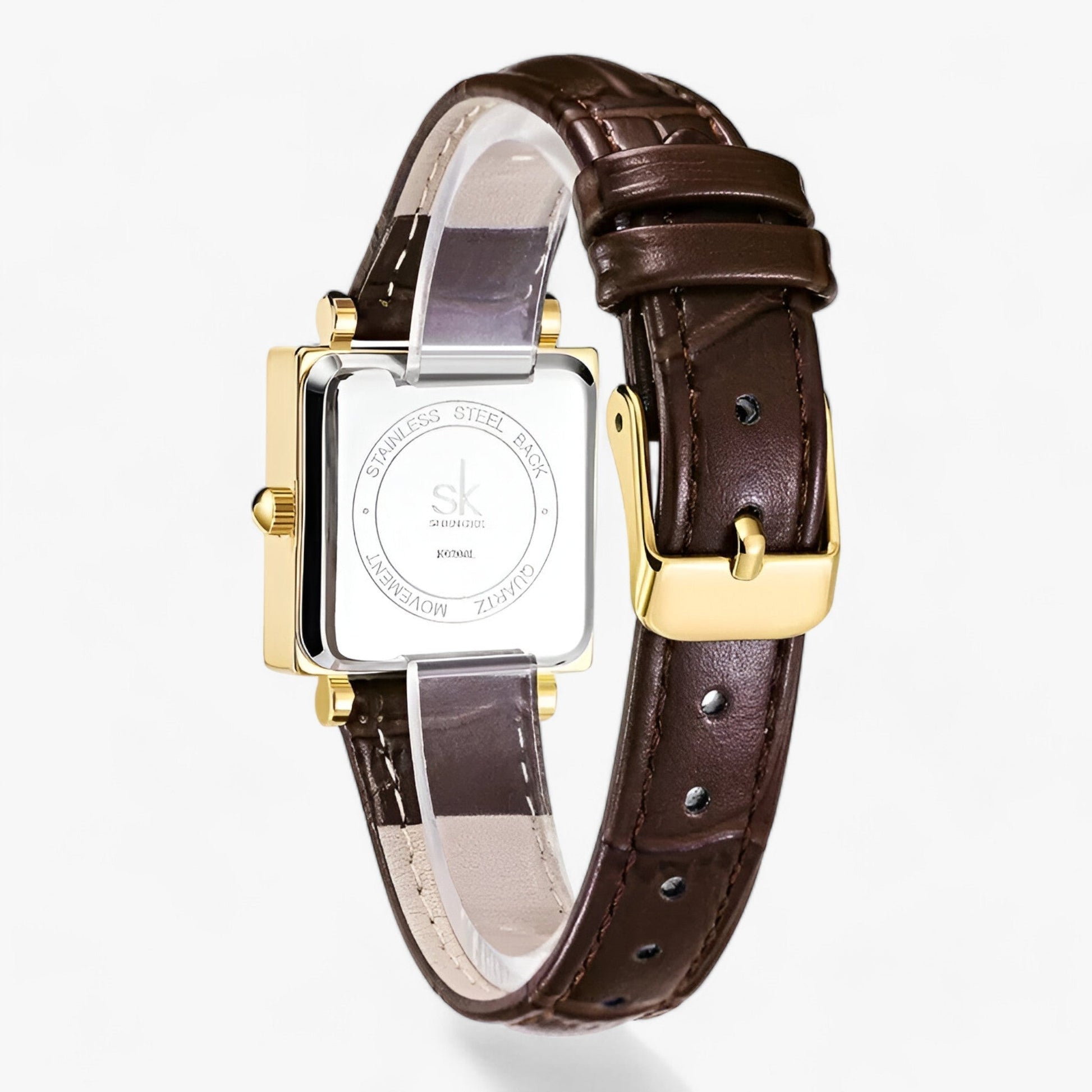 Goldene quadratische Armbanduhr mit braunem Lederarmband, Edelstahlgehäuse, Herrenuhr.