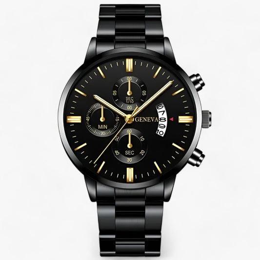 Schwarze Herrenarmbanduhr mit Chronograph, Edelstahlarmband, goldene Zeiger, elegantes Design.