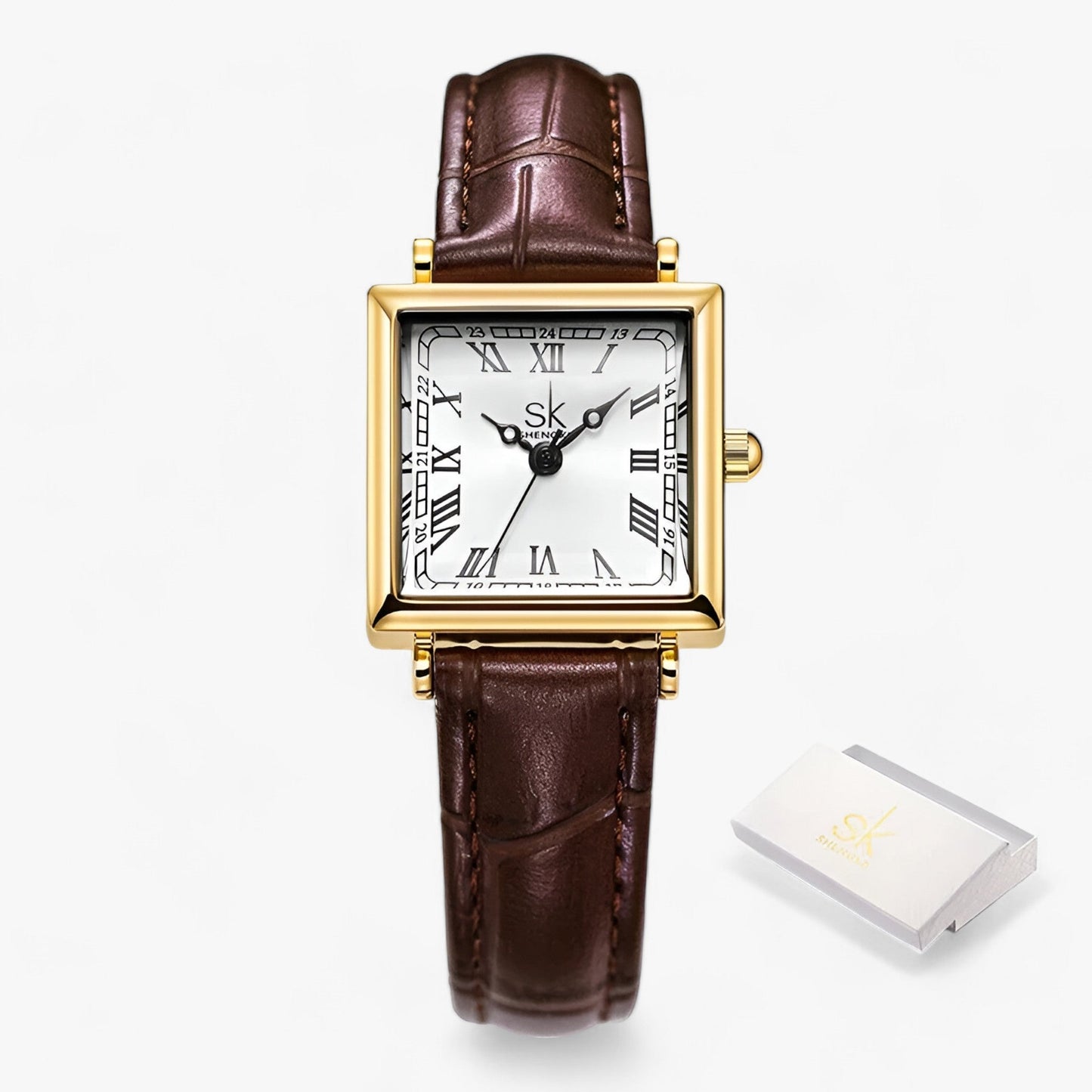 Goldene quadratische Armbanduhr mit braunem Lederarmband und römischen Ziffern.