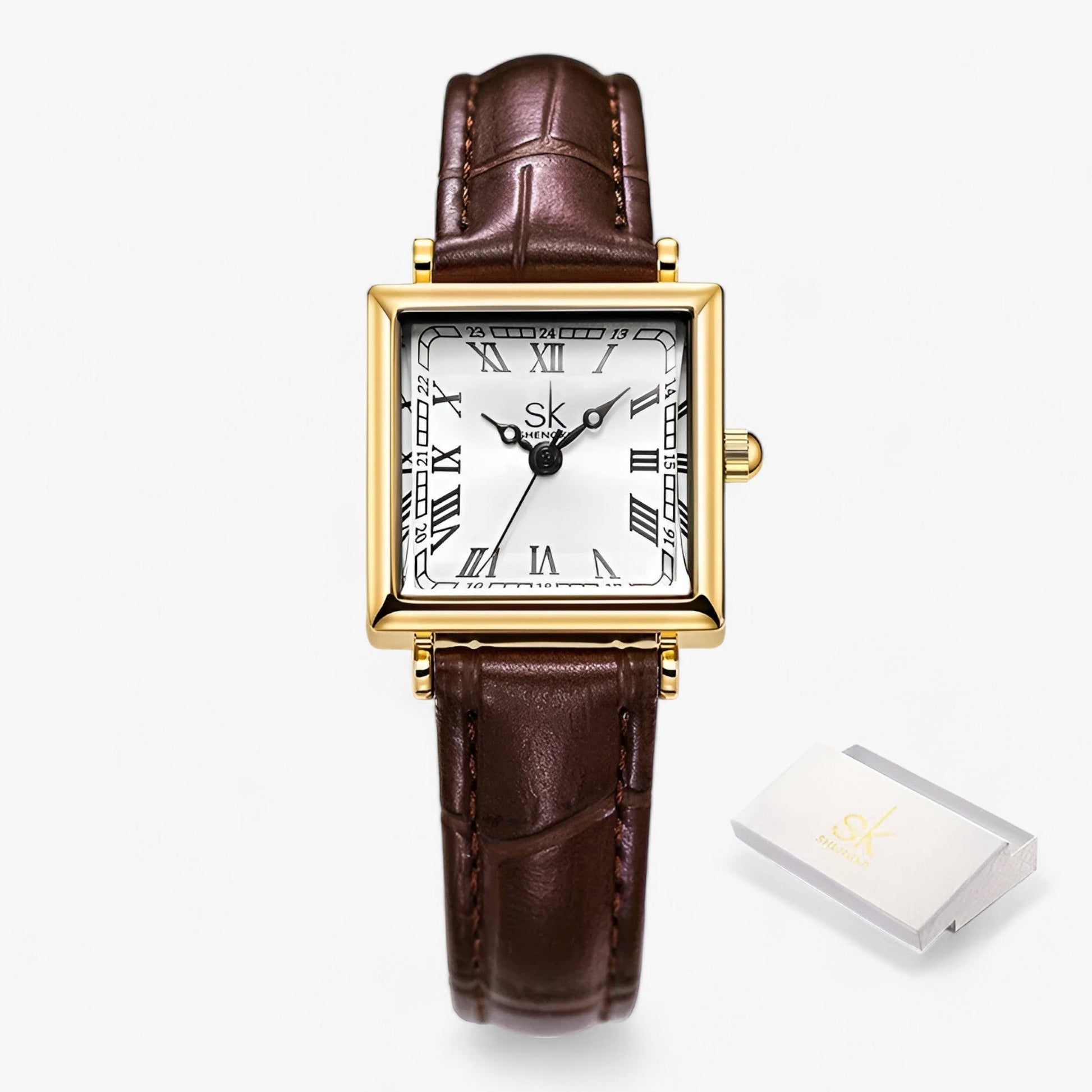 Goldene quadratische Armbanduhr mit braunem Lederarmband und römischen Ziffern.