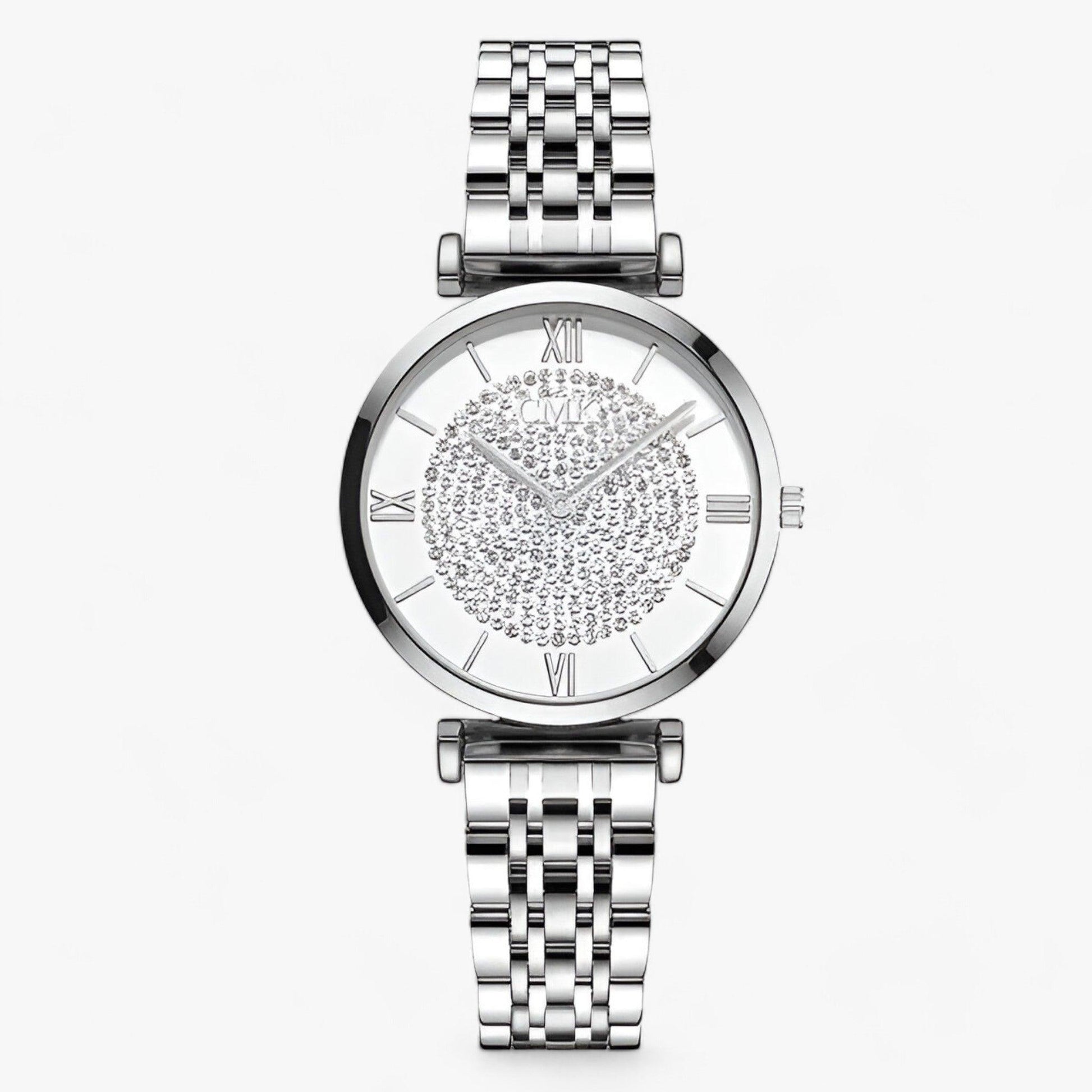 Silberne Damenarmbanduhr mit Strasssteinen, römischen Ziffern und Metallarmband.
