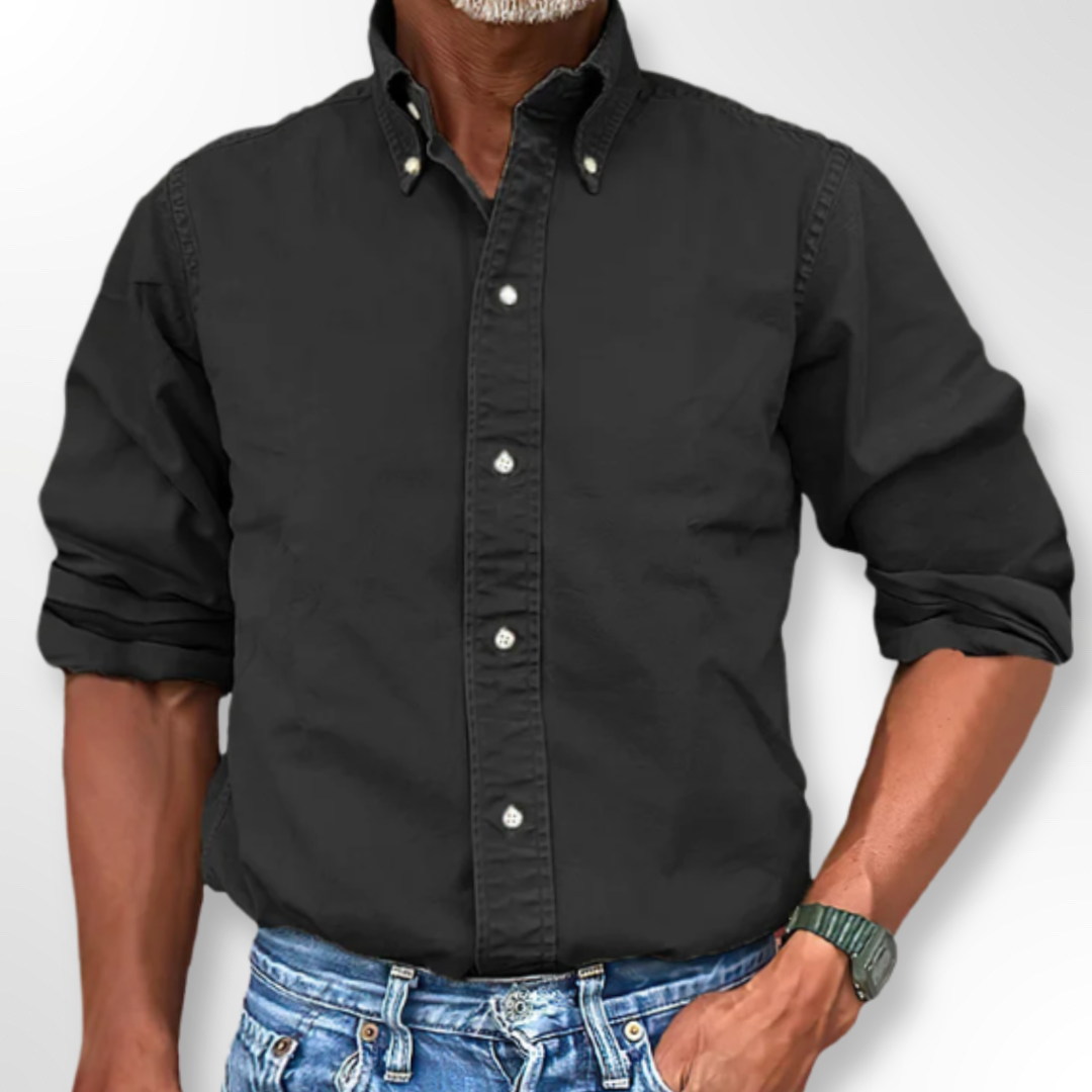 Schwarzes Herrenhemd, Button-Down, langärmelig, Baumwolle, lässig, modisch, klassisch.