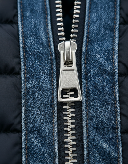 Men's Quilted Denim Jacket with Stand Collar and Zip Front, Blue 4