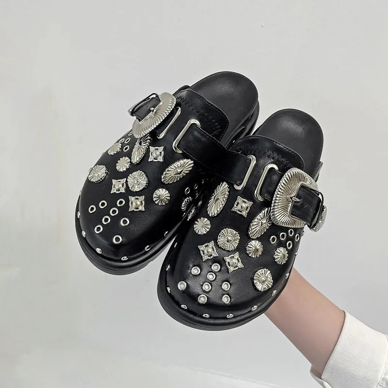 Damen Plateau-Sandalen | Dichtes Design | Schwarz | Punk | PU-Leder-Luzern Mode